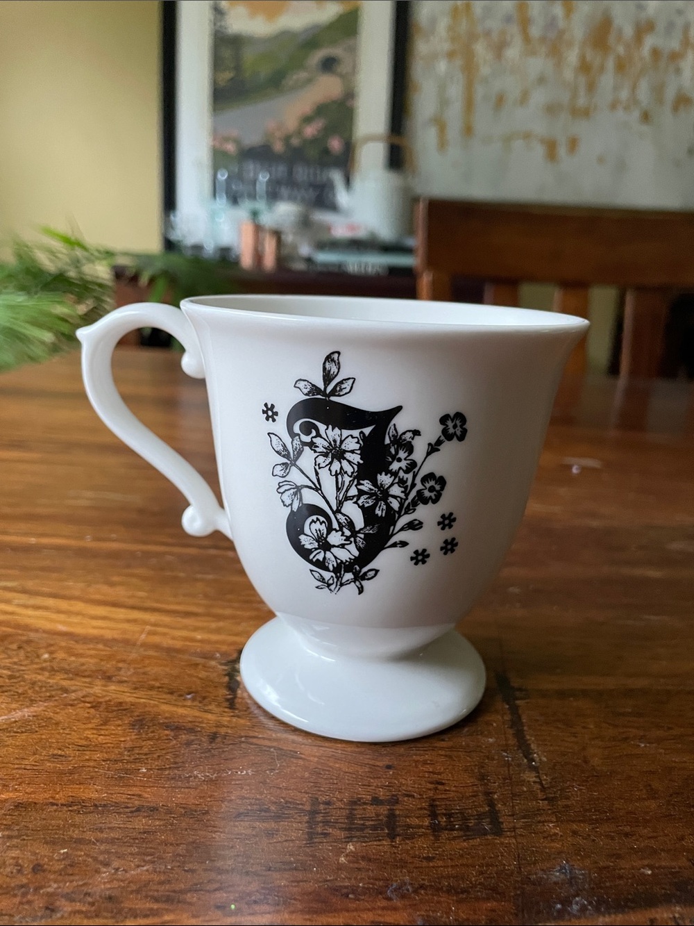 Anthropologie Monogram J footed white teacup tea cup mug
